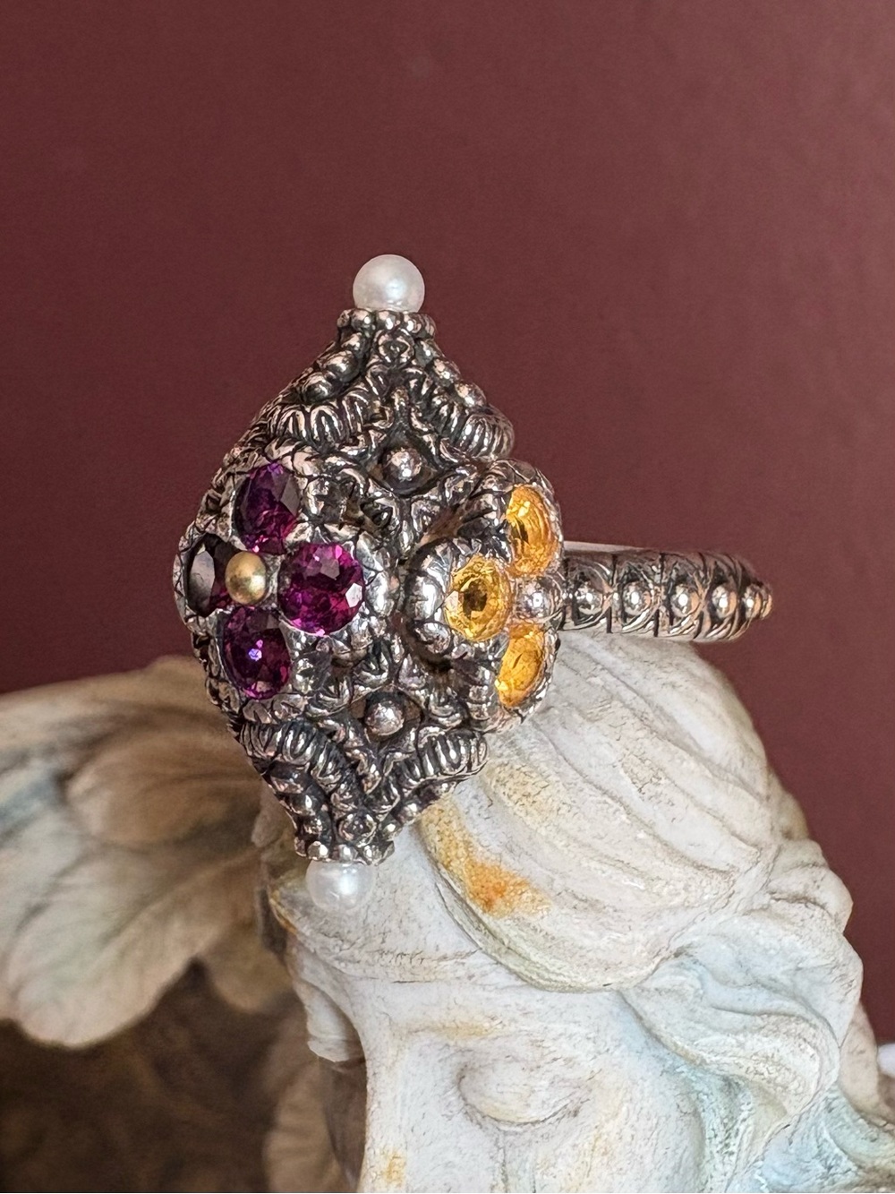 Flower Pod Sterling Silver 18k Gold Garnet Citrine Pearl Ring Barbara Bixby 6.75 - Picture 4 of 12
